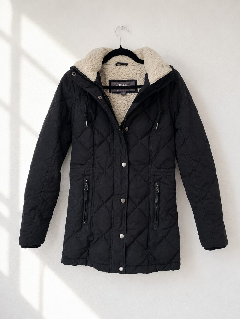 Eddie‎ Bauer Down Quilted Parka Womens XS Black Sherpa Lined Hooded Cinch Waist